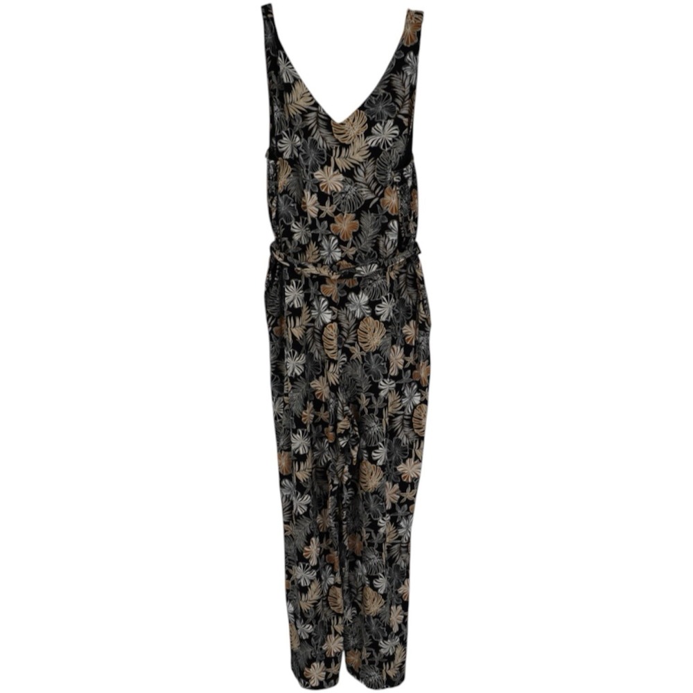 J. Jill‎ Floral Palm Jumpsuit XL Black Smocked Back Hawaiian Beach Vacation